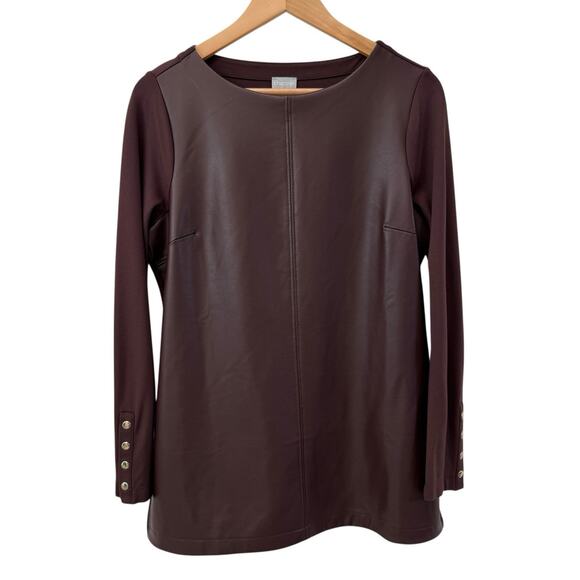Chicos Ponte Faux Leather Tunic Top Chicos 1 Sz M Cherry Old Money Casual Work - Picture 3 of 11